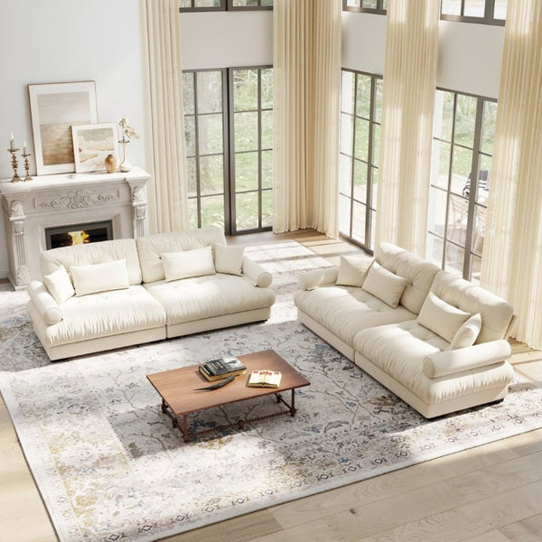 English Elm A Velvet Two Seat Sofa with Bolster Armrests Plush Cushions and Lumbar Pillows Included Cream W714S01840