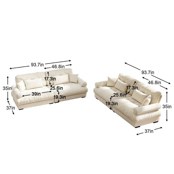 English Elm A Velvet Two Seat Sofa with Bolster Armrests Plush Cushions and Lumbar Pillows Included Cream W714S01840