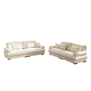 English Elm A Velvet Two Seat Sofa with Bolster Armrests Plush Cushions and Lumbar Pillows Included Cream W714S01840