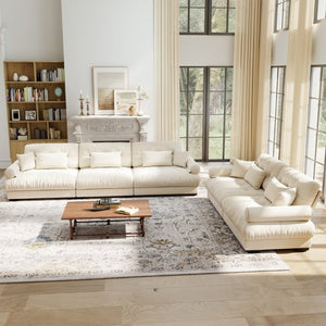 English Elm A Modular Velvet Sectional Sofa with Bolster Armrests and Plush Cloud Cushions Cream W714S01841