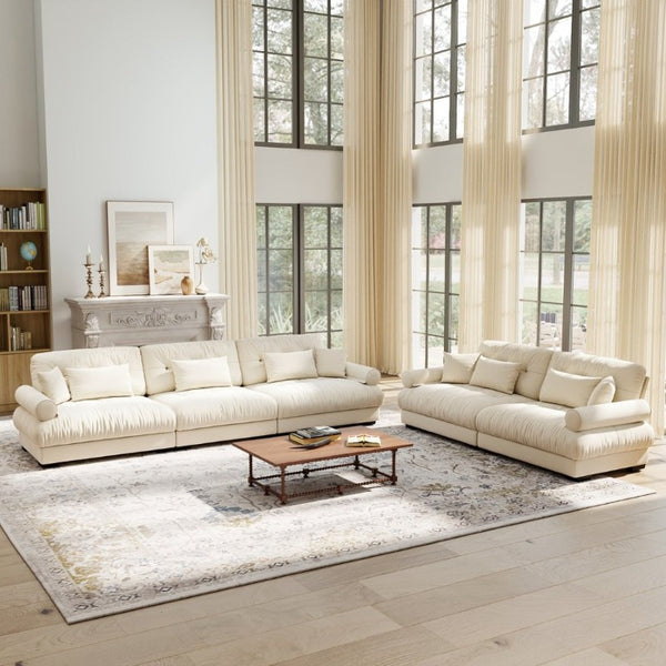 English Elm A Modular Velvet Sectional Sofa with Bolster Armrests and Plush Cloud Cushions Cream W714S01841
