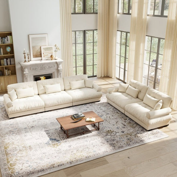 English Elm A Modular Velvet Sectional Sofa with Bolster Armrests and Plush Cloud Cushions Cream W714S01841