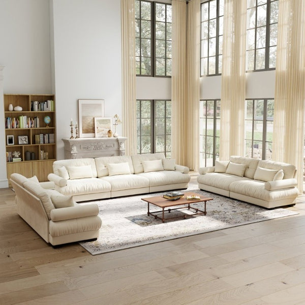 English Elm A Velvet Modular Sofa Set with Cloud Cushions and Bolster Armrests for Modern Living Cream W714S01842
