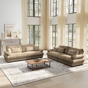 English Elm A Velvet Two Seat Sofa with Bolster Armrests Plush Cushions and Lumbar Pillows Included Camel W714S01843