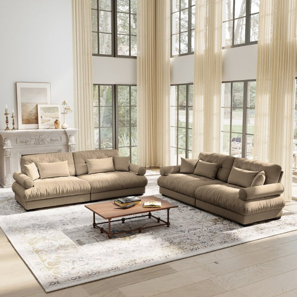 English Elm A Velvet Two Seat Sofa with Bolster Armrests Plush Cushions and Lumbar Pillows Included Camel W714S01843