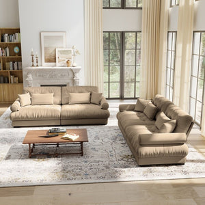 English Elm A Velvet Two Seat Sofa with Bolster Armrests Plush Cushions and Lumbar Pillows Included Camel W714S01843