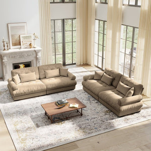 English Elm A Velvet Two Seat Sofa with Bolster Armrests Plush Cushions and Lumbar Pillows Included Camel W714S01843