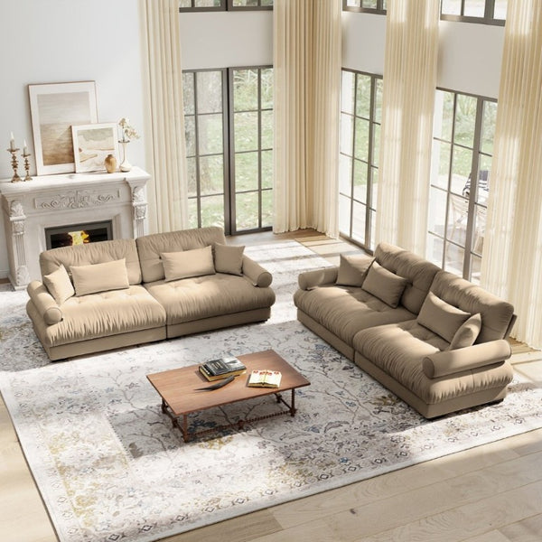 English Elm A Velvet Two Seat Sofa with Bolster Armrests Plush Cushions and Lumbar Pillows Included Camel W714S01843
