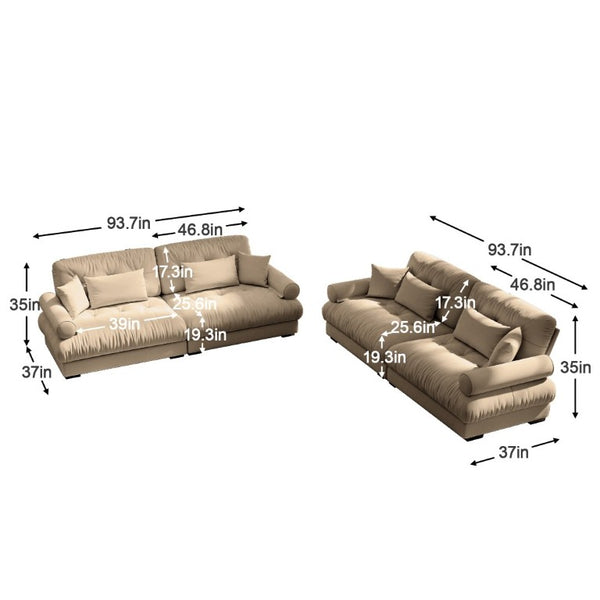 English Elm A Velvet Two Seat Sofa with Bolster Armrests Plush Cushions and Lumbar Pillows Included Camel W714S01843
