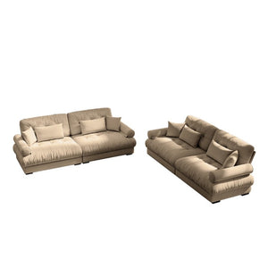 English Elm A Velvet Two Seat Sofa with Bolster Armrests Plush Cushions and Lumbar Pillows Included Camel W714S01843