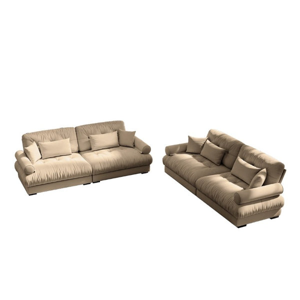 English Elm A Velvet Two Seat Sofa with Bolster Armrests Plush Cushions and Lumbar Pillows Included Camel W714S01843