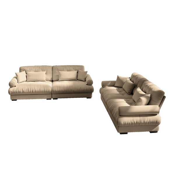 English Elm A Velvet Two Seat Sofa with Bolster Armrests Plush Cushions and Lumbar Pillows Included Camel W714S01843