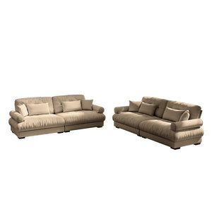 English Elm A Velvet Two Seat Sofa with Bolster Armrests Plush Cushions and Lumbar Pillows Included Camel W714S01843