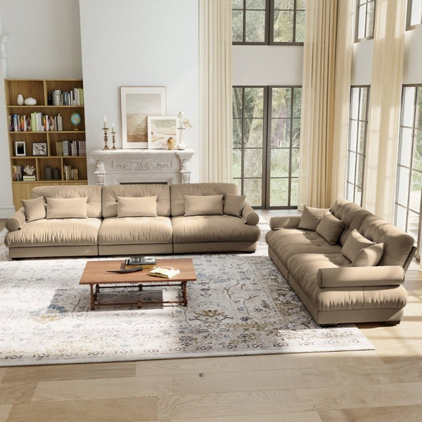 English Elm A Modular Velvet Sectional Sofa with Bolster Armrests and Plush Cloud Cushions Camel W714S01844