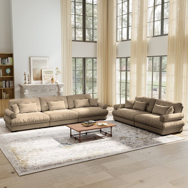 English Elm A Modular Velvet Sectional Sofa with Bolster Armrests and Plush Cloud Cushions Camel W714S01844