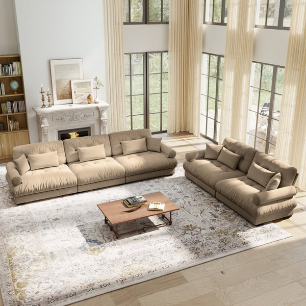 English Elm A Modular Velvet Sectional Sofa with Bolster Armrests and Plush Cloud Cushions Camel W714S01844