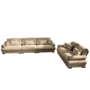 English Elm A Modular Velvet Sectional Sofa with Bolster Armrests and Plush Cloud Cushions Camel W714S01844