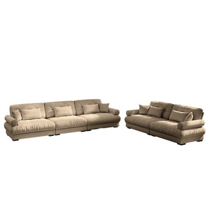 English Elm A Modular Velvet Sectional Sofa with Bolster Armrests and Plush Cloud Cushions Camel W714S01844