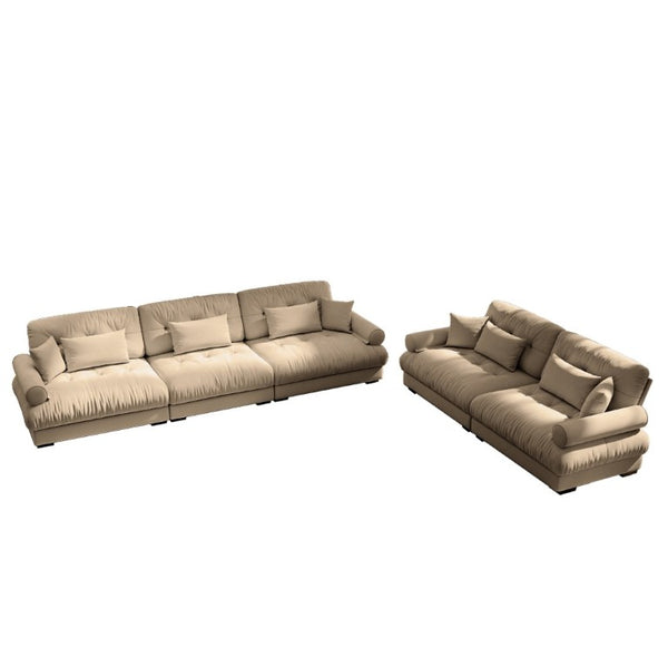 English Elm A Modular Velvet Sectional Sofa with Bolster Armrests and Plush Cloud Cushions Camel W714S01844