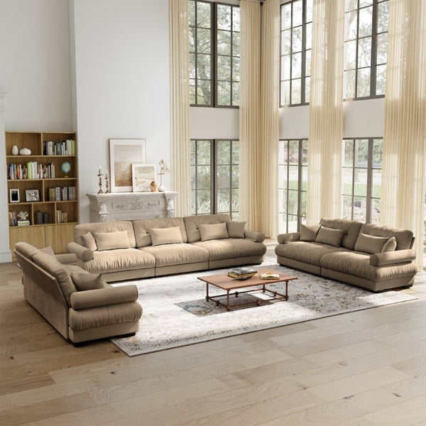 English Elm A Velvet Modular Sofa Set with Cloud Cushions and Bolster Armrests for Modern Living Camel W714S01845