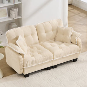 English Elm Chenille Cloud Loveseat with Pom Trim Quilted Tufted Cushions and Ottoman for Compact Living Cream Beige W714S01887