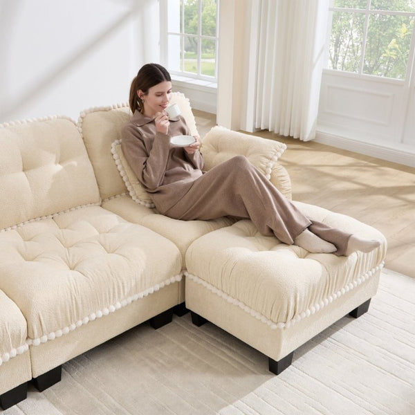 English Elm Chenille Cloud Loveseat with Pom Trim Quilted Tufted Cushions and Ottoman for Compact Living Cream Beige W714S01887