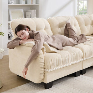 English Elm Chenille Cloud Loveseat with Pom Trim Quilted Tufted Cushions and Ottoman for Compact Living Cream Beige W714S01887