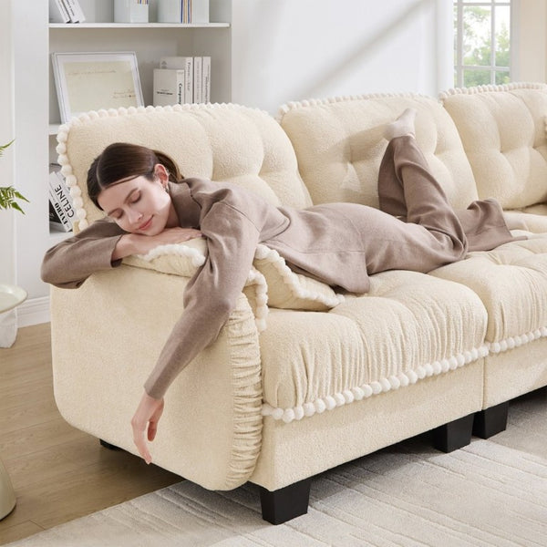 English Elm Chenille Cloud Loveseat with Pom Trim Quilted Tufted Cushions and Ottoman for Compact Living Cream Beige W714S01887