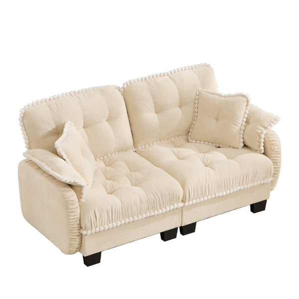 English Elm Chenille Cloud Loveseat with Pom Trim Quilted Tufted Cushions and Ottoman for Compact Living Cream Beige W714S01887