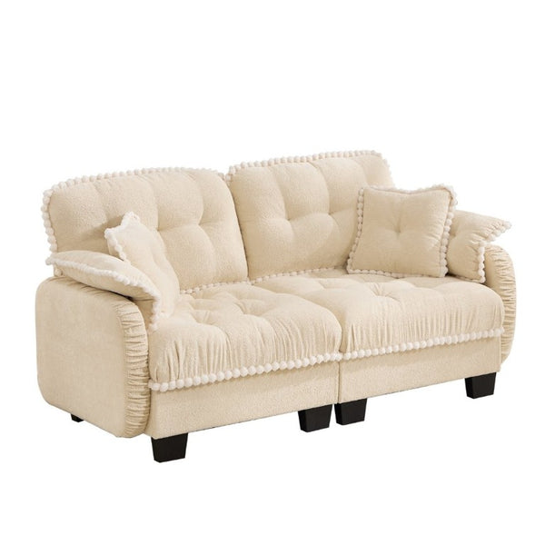 English Elm Chenille Cloud Loveseat with Pom Trim Quilted Tufted Cushions and Ottoman for Compact Living Cream Beige W714S01887
