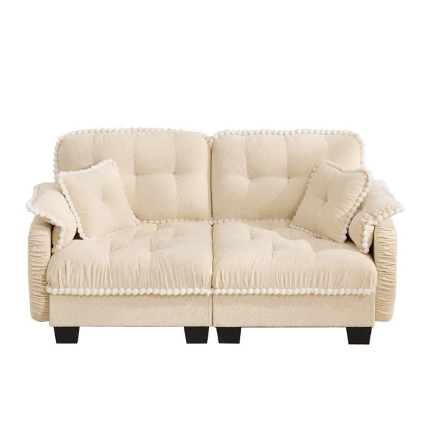 English Elm Chenille Cloud Loveseat with Pom Trim Quilted Tufted Cushions and Ottoman for Compact Living Cream Beige W714S01887