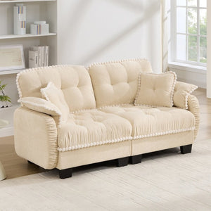 English Elm Chenille Cloud Loveseat with Pom Trim Quilted Tufted Cushions and Ottoman for Compact Living Cream Beige W714S01887