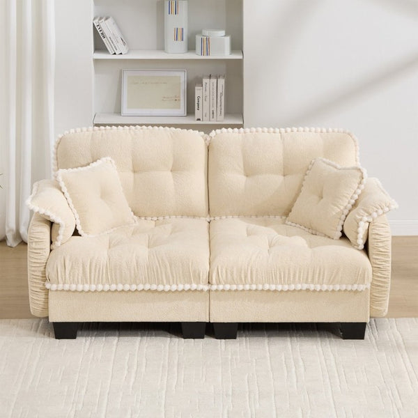 English Elm Chenille Cloud Loveseat with Pom Trim Quilted Tufted Cushions and Ottoman for Compact Living Cream Beige W714S01887