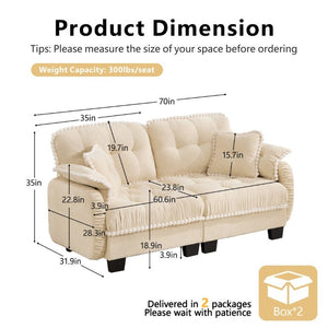 English Elm Chenille Cloud Loveseat with Pom Trim Quilted Tufted Cushions and Ottoman for Compact Living Cream Beige W714S01887