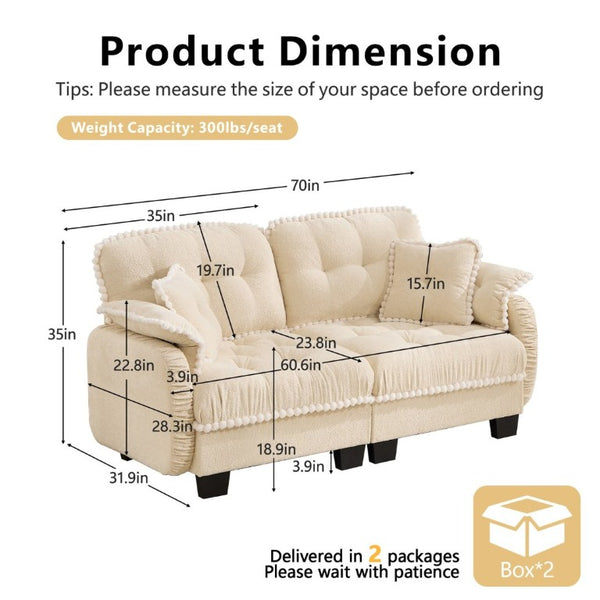 English Elm Chenille Cloud Loveseat with Pom Trim Quilted Tufted Cushions and Ottoman for Compact Living Cream Beige W714S01887