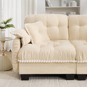 English Elm Chenille Cloud Loveseat with Pom Trim Quilted Tufted Cushions and Ottoman for Compact Living Cream Beige W714S01887