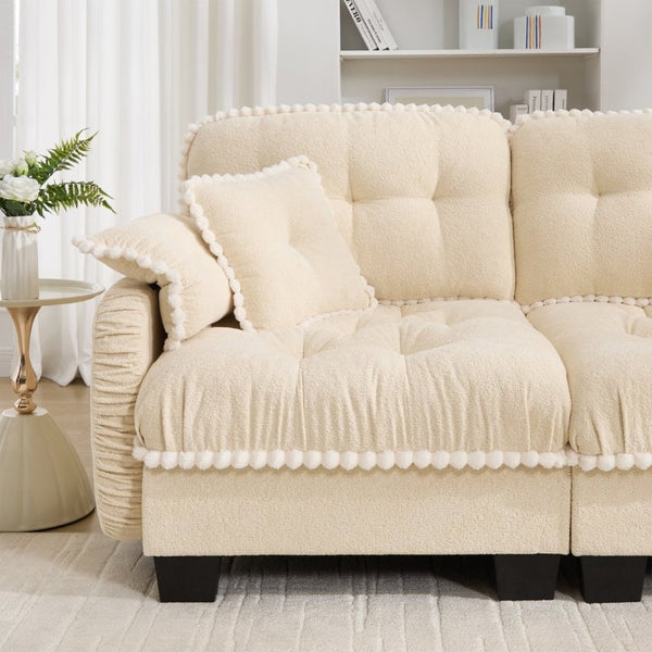 English Elm Chenille Cloud Loveseat with Pom Trim Quilted Tufted Cushions and Ottoman for Compact Living Cream Beige W714S01887