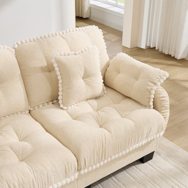 English Elm Chenille Cloud Loveseat with Pom Trim Quilted Tufted Cushions and Ottoman for Compact Living Cream Beige W714S01887