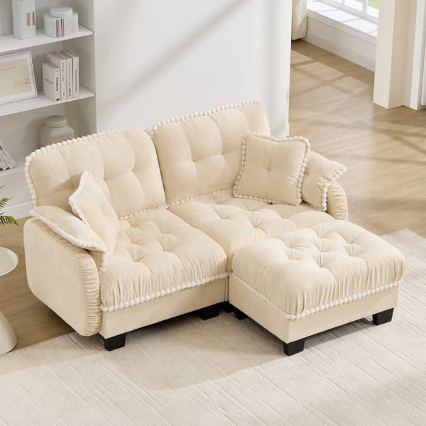 English Elm Chenille Cloud Loveseat Sectional with Tufted Cushions Pom Trim and Movable Ottoman Cream Beige W714S01888
