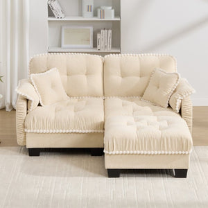 English Elm Chenille Cloud Loveseat Sectional with Tufted Cushions Pom Trim and Movable Ottoman Cream Beige W714S01888