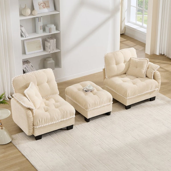 English Elm Chenille Cloud Loveseat Sectional with Tufted Cushions Pom Trim and Movable Ottoman Cream Beige W714S01888