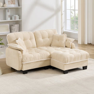 English Elm Chenille Cloud Loveseat Sectional with Tufted Cushions Pom Trim and Movable Ottoman Cream Beige W714S01888