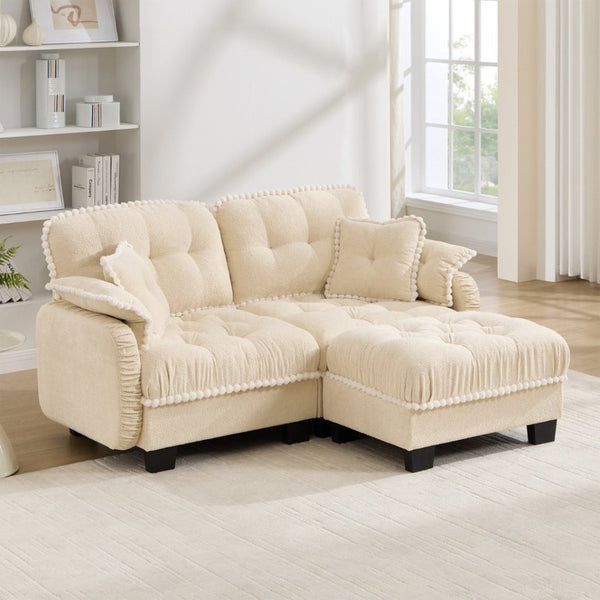 English Elm Chenille Cloud Loveseat Sectional with Tufted Cushions Pom Trim and Movable Ottoman Cream Beige W714S01888