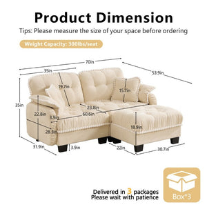 English Elm Chenille Cloud Loveseat Sectional with Tufted Cushions Pom Trim and Movable Ottoman Cream Beige W714S01888