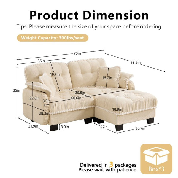 English Elm Chenille Cloud Loveseat Sectional with Tufted Cushions Pom Trim and Movable Ottoman Cream Beige W714S01888