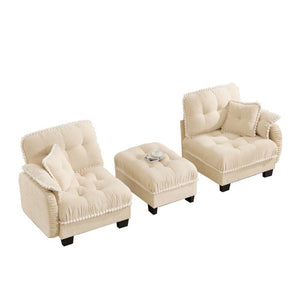 English Elm Chenille Cloud Loveseat Sectional with Tufted Cushions Pom Trim and Movable Ottoman Cream Beige W714S01888
