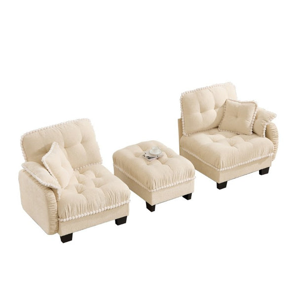 English Elm Chenille Cloud Loveseat Sectional with Tufted Cushions Pom Trim and Movable Ottoman Cream Beige W714S01888