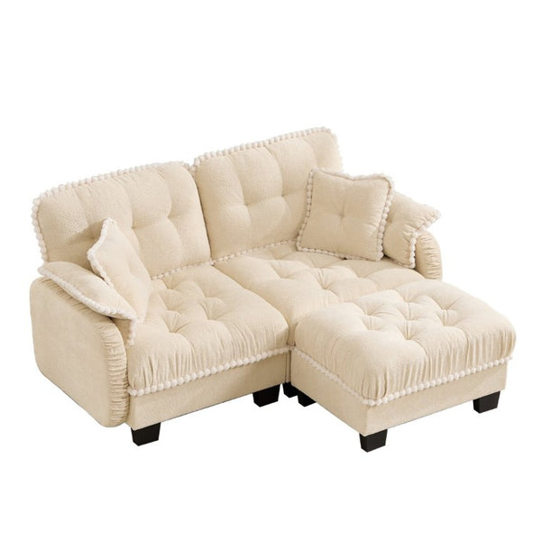 English Elm Chenille Cloud Loveseat Sectional with Tufted Cushions Pom Trim and Movable Ottoman Cream Beige W714S01888