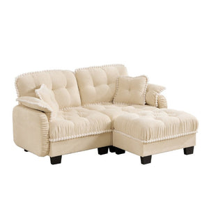 English Elm Chenille Cloud Loveseat Sectional with Tufted Cushions Pom Trim and Movable Ottoman Cream Beige W714S01888