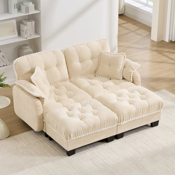 English Elm Chenille Cloud Loveseat with Tufted Cushions Pom-Pom Trim and Movable Ottoman Cream Beige W714S01889